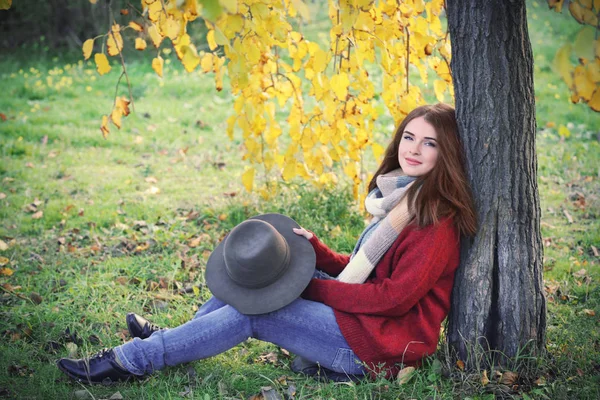शरद ऋतूच्या उद्यानात बसलेला सुंदर तरुण स्त्री — स्टॉक फोटो, इमेज