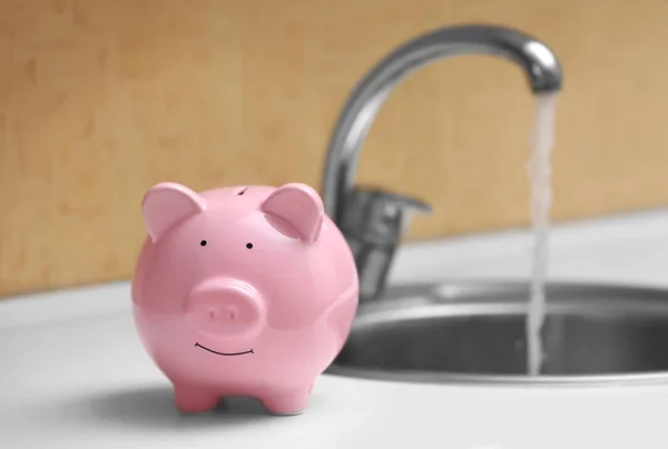 Caixa de dinheiro de porco ao lado da pia da cozinha e torneira. Conceito de poupança de água — Fotografia de Stock