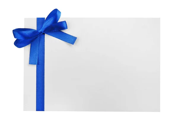 Blue satin ribbon and card on light background — Stock Photo, Image