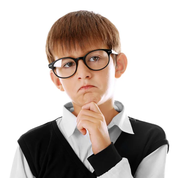 Schattig schooljongen dragen van bril op witte achtergrond — Stockfoto