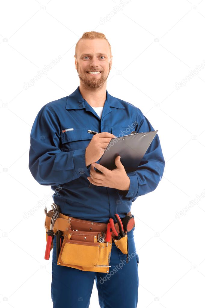 Handsome worker with pen and clipboard, isolated on white