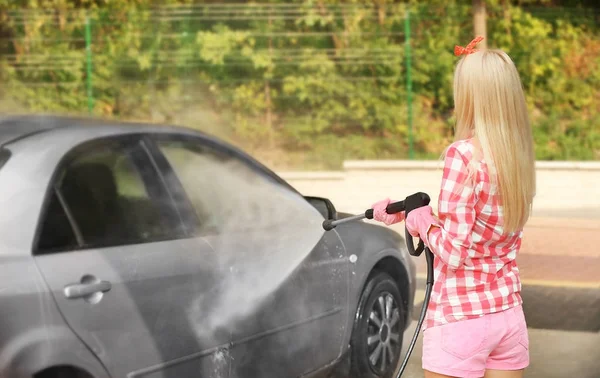 Woman Washing Car High Pressure Water — Stock Photo, Image