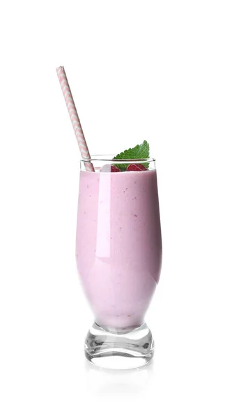 Glass of raspberry milk shake on white background — Stock Photo, Image