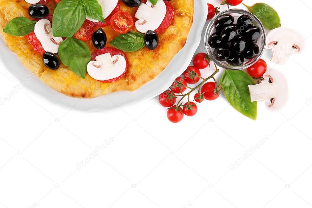 Tasty pizza with mushrooms, branch of cherry tomatoes and olives on white background