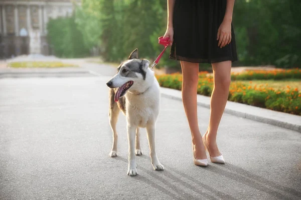 Mulher andando com cão fora — Fotografia de Stock