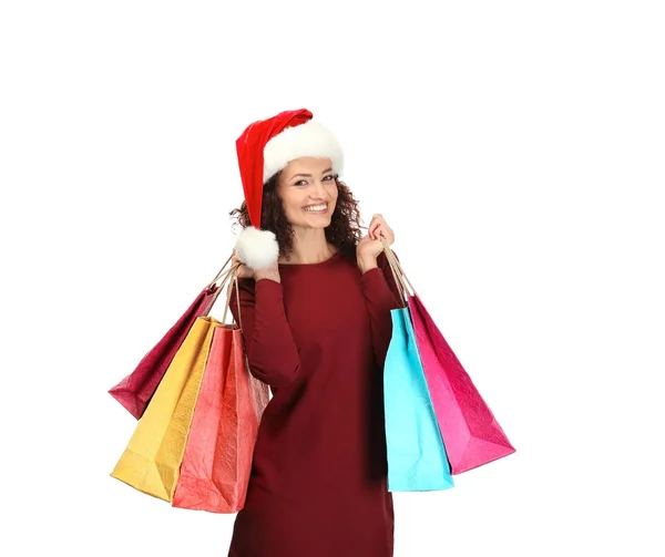 Счастливая Женщина Держит Пакеты Покупок Белом Фоне Рождественские Покупки — стоковое фото