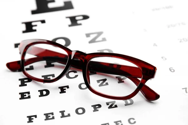 Óculos deitados no gráfico de teste ocular — Fotografia de Stock