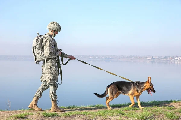 Żołnierz Psa Owczarka Niemieckiego Pobliżu Rzeki — Zdjęcie stockowe