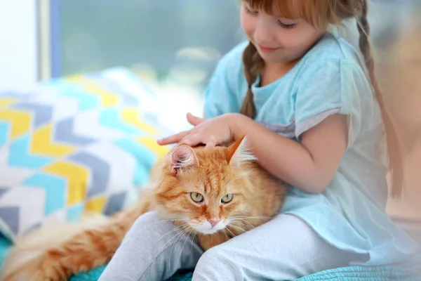 Niedliches kleines Mädchen und rote Katze — Stockfoto