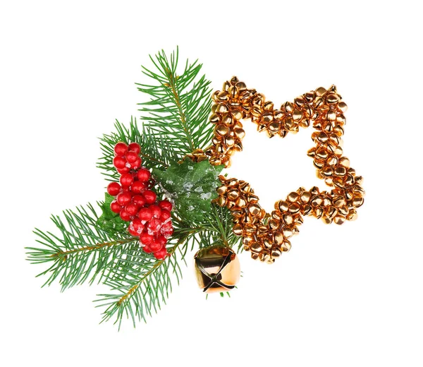 Pine tree branch and jingle bell — Stock Photo, Image