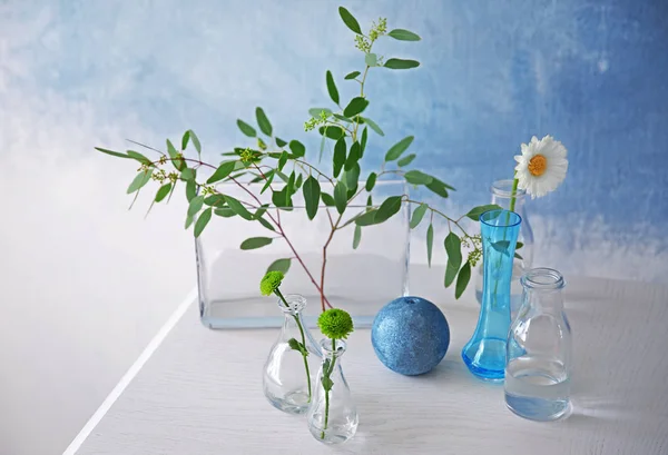 Flores e ramo verde em vasos — Fotografia de Stock