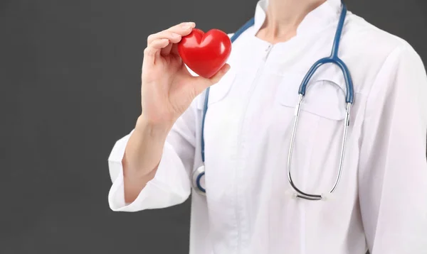 Female doctor with stethoscope holding heart — Stock Photo, Image