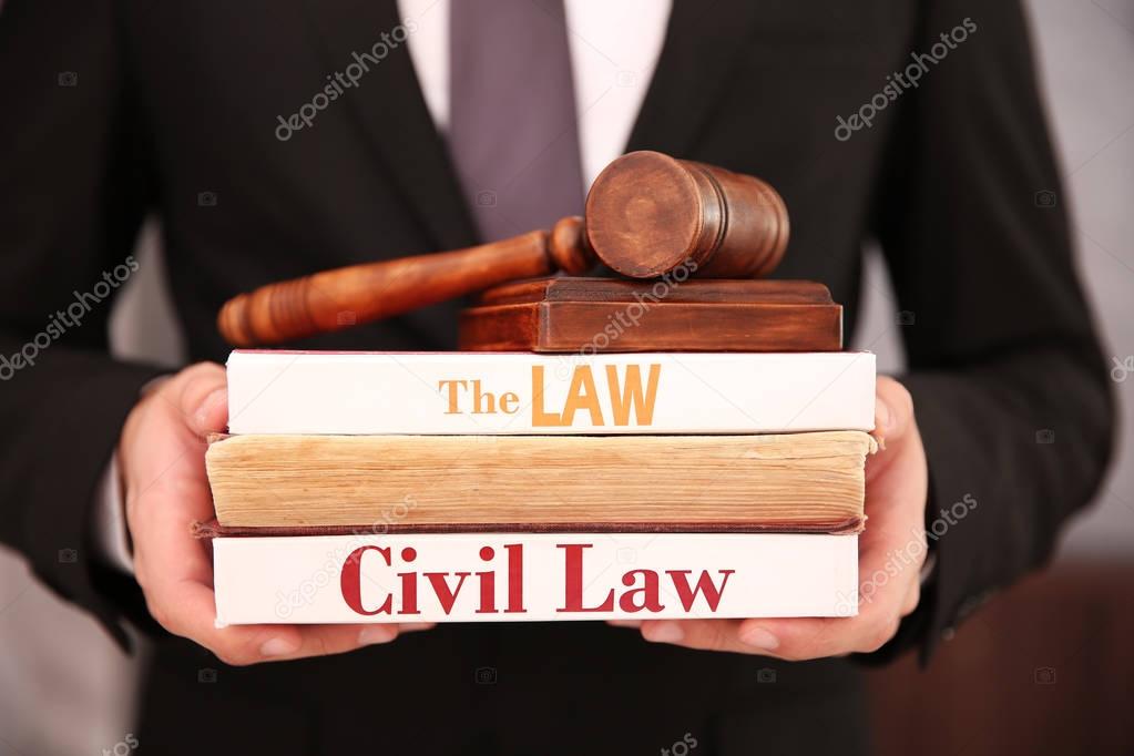 Lawyer holding books and court hammer