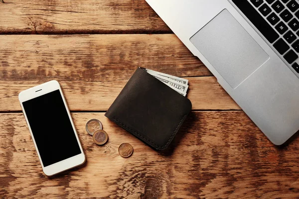 Workplace with stylish leather wallet — Stock Photo, Image
