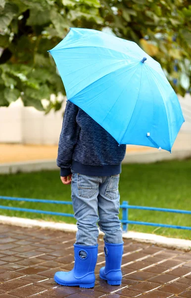 Niño con paraguas azul —  Fotos de Stock