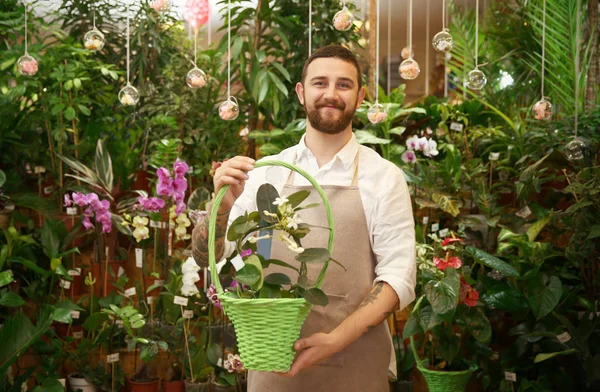 Handsome florist holding basket — Stock Photo, Image