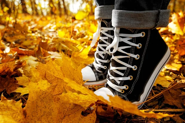 Pies humanos en zapatillas de deporte en hojas de otoño —  Fotos de Stock