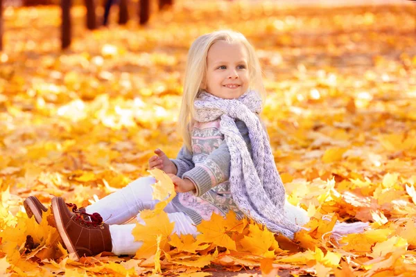 Carina bambina nel parco autunnale — Foto Stock