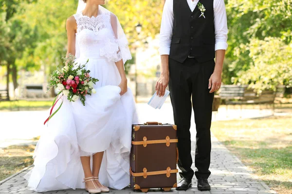 Novio y novia con maleta vintage — Foto de Stock