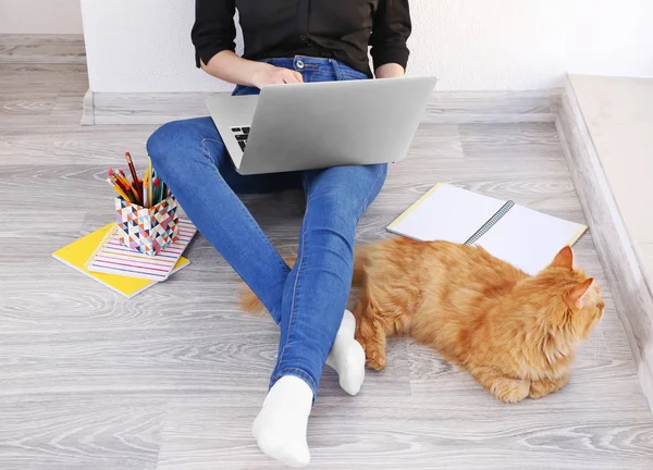 Frau mit Laptop und Katze — Stockfoto