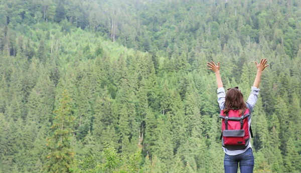 Lycklig resenär flicka i skogen — Stockfoto