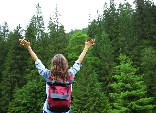 Lycklig resenär flicka i skogen — Stockfoto