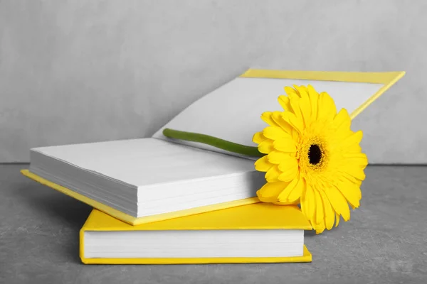 Libros amarillos y flor gerbera —  Fotos de Stock