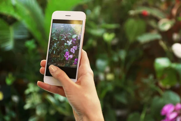 Mano femenina tomando fotos de flores — Foto de Stock