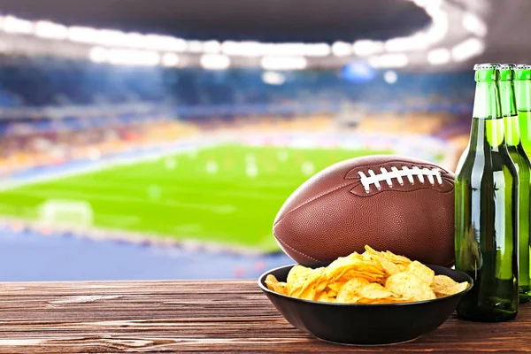 Beer with snack and ball — Stock Photo, Image