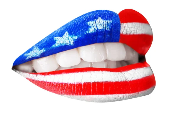 संयुक्त राज्य अमेरिका ध्वज मेकअप के साथ महिला होंठ — स्टॉक फ़ोटो, इमेज