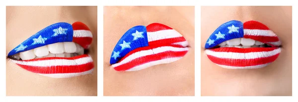 Kvinnliga läppar med Usa flagga makeup — Stockfoto