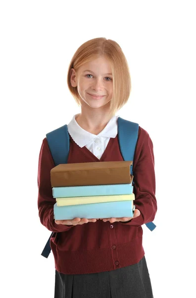 Girl with schoolbag and books — Stock Photo, Image