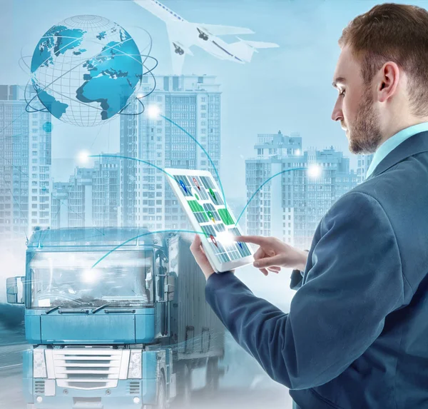 Young Man Tablet Cityscape Background Map Delivery Network Screen Logistics — Stock Photo, Image