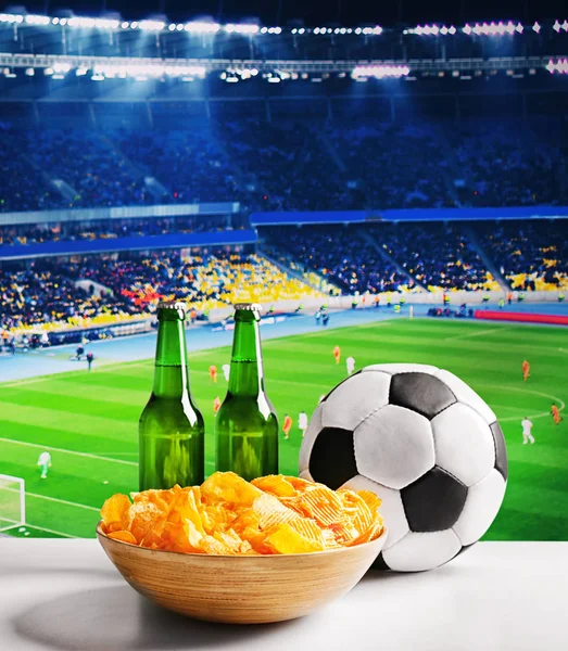 Beer with snack and ball — Stock Photo, Image