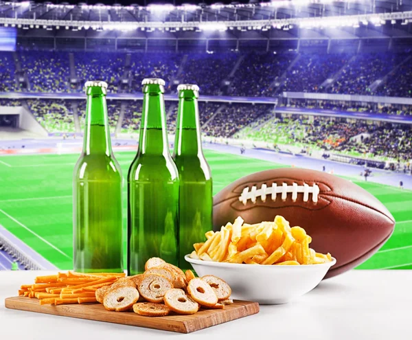 Beer with snack and ball — Stock Photo, Image