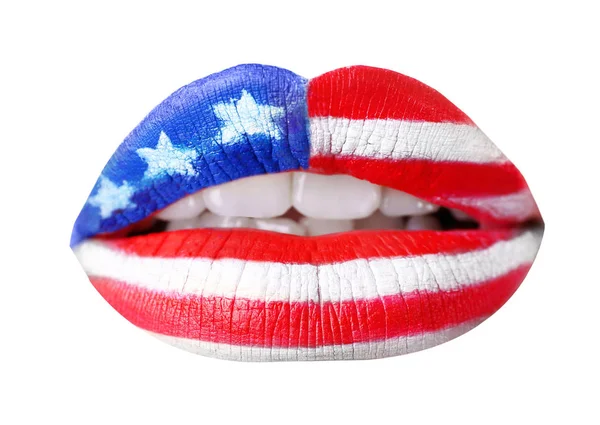 Labios femeninos con maquillaje de bandera USA —  Fotos de Stock