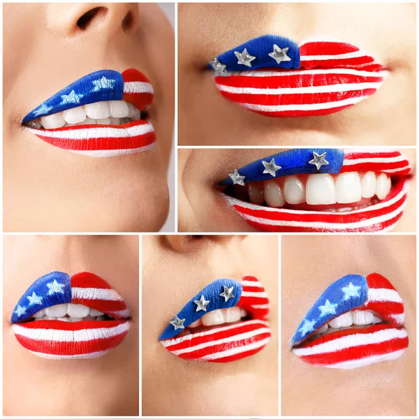 Weibliche Lippen mit usa Flagge Make-up — Stockfoto