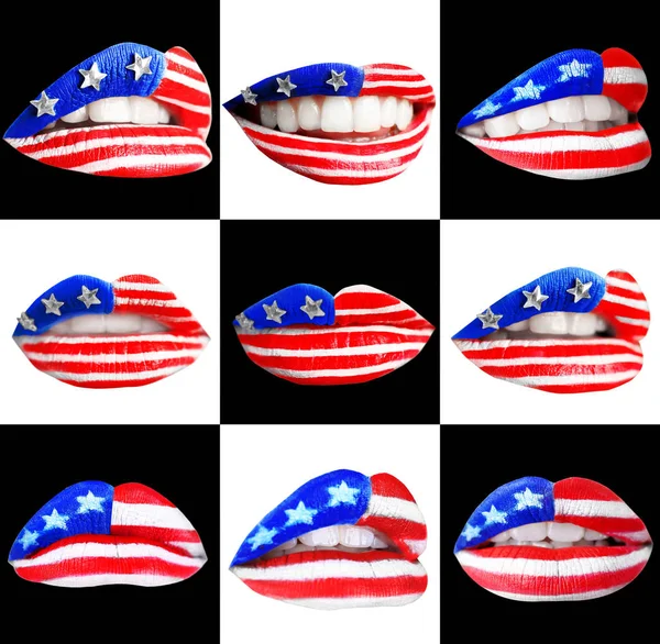 Lábios femininos com maquiagem bandeira dos EUA — Fotografia de Stock