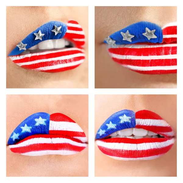 Labios femeninos con maquillaje de bandera USA — Foto de Stock