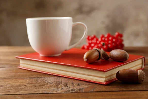 Чашка чая, книги и желуди — стоковое фото