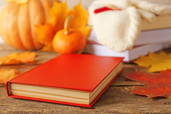 Closeup of book and autumn leaves — Stock Photo, Image