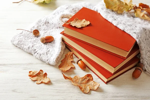 Books with scarf and autumn leaves — Stock Photo, Image