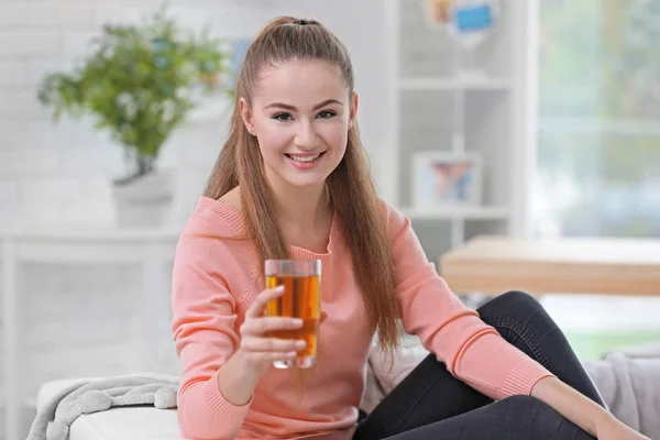 Woman with glass of juice — Stock Photo, Image