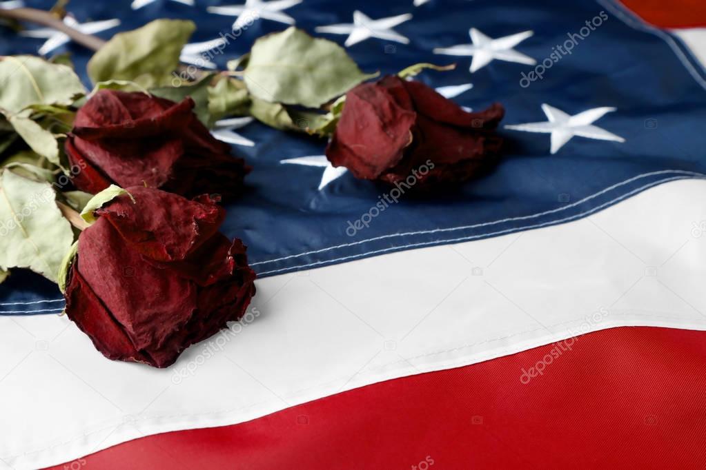 Dried roses on American national flag