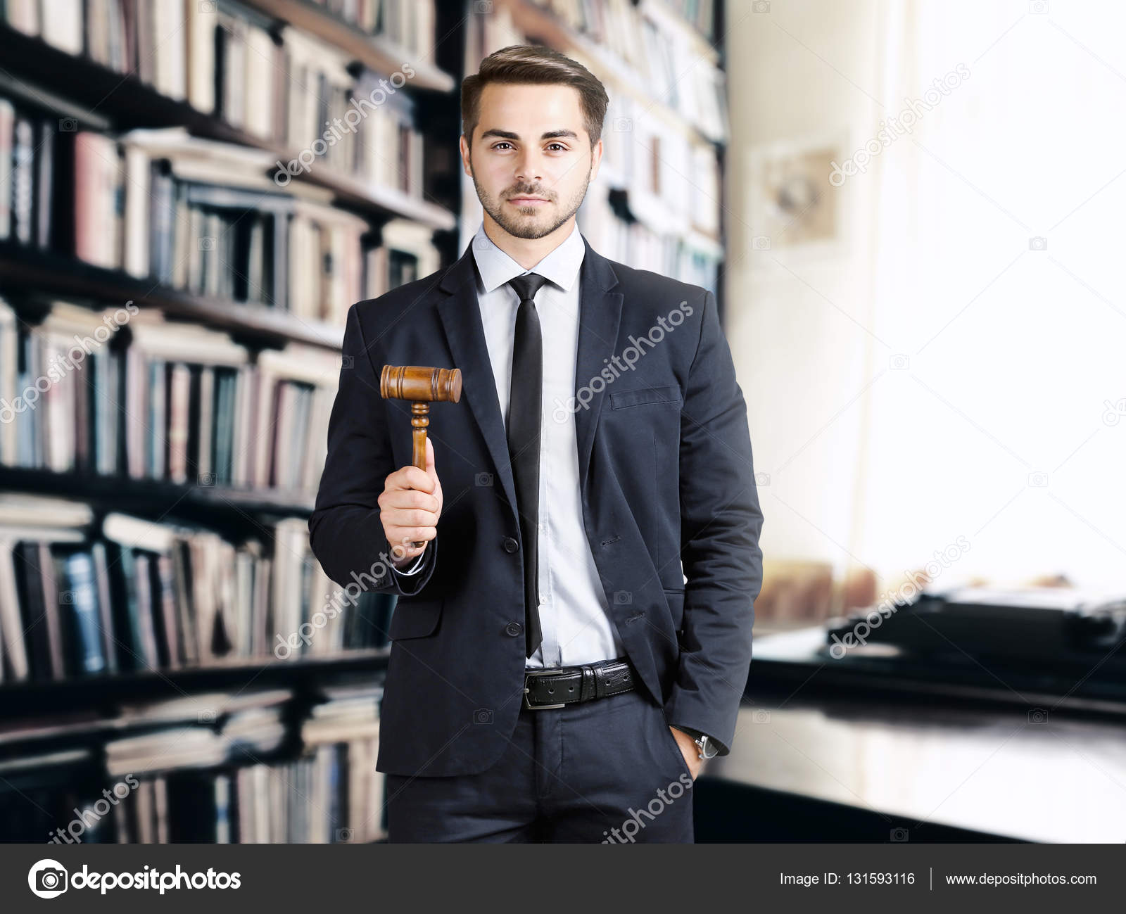 Man with judge gavel at office — Stock Photo © belchonock 131593116