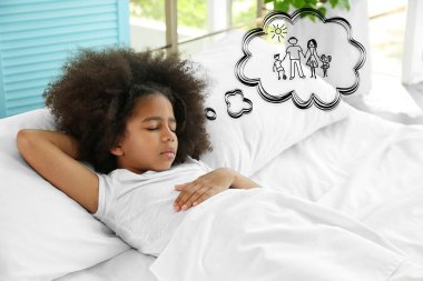 Cute little girl dreaming of happy family clipart