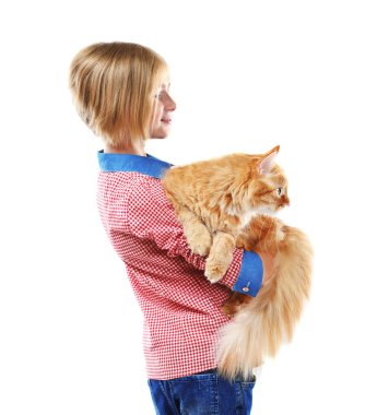 Kız holding kırmızı kabarık kedi