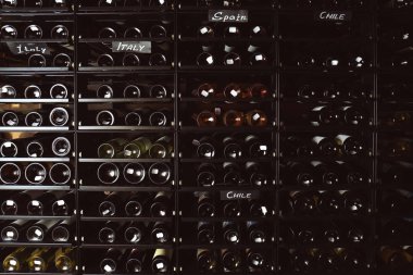 Farklı şarap şişeleri ile raf