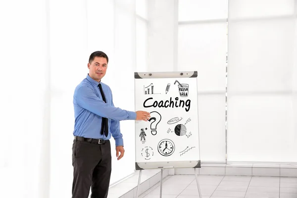 Business trainer near flipchart at conference. Business coaching and development concept.