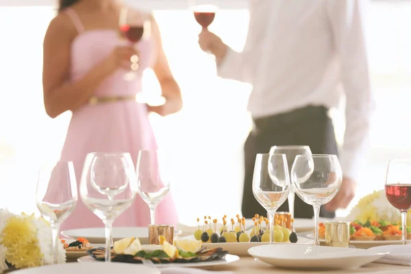 Table setting for holiday buffet, close up view — Stock Photo, Image